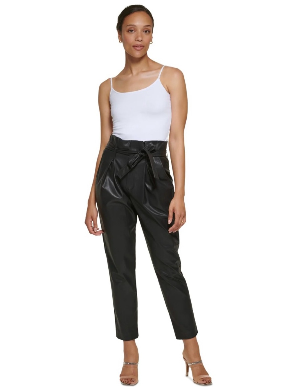 DKNY Black High-Rise Faux Leather Paperbag Ankle Pants